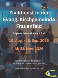 Lust auf einen spannenden Einblick in die Evang. Kirchgemeinde und das Lighthouse27? Dann melde dich bei uns. Wir freuen uns auf dich!

#lighthouse27  #erleben #kirche #zivi #evangfrauenfeld